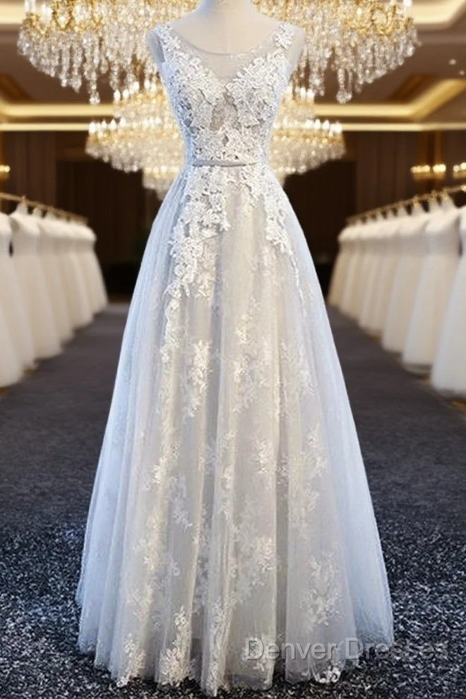 A Line Round Neck Sleeveless Lace Grey/Pink/Champagne Prom Dress, Lace Formal Dress, Evening Dress