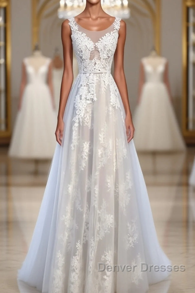 A Line Round Neck Sleeveless Lace Prom Dress, Lace Formal Dress