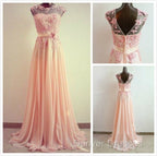 A-Line Round Neck Sweep Train Lace Coral Prom Dress, Formal Dress, Lace Bridesmaid Dress