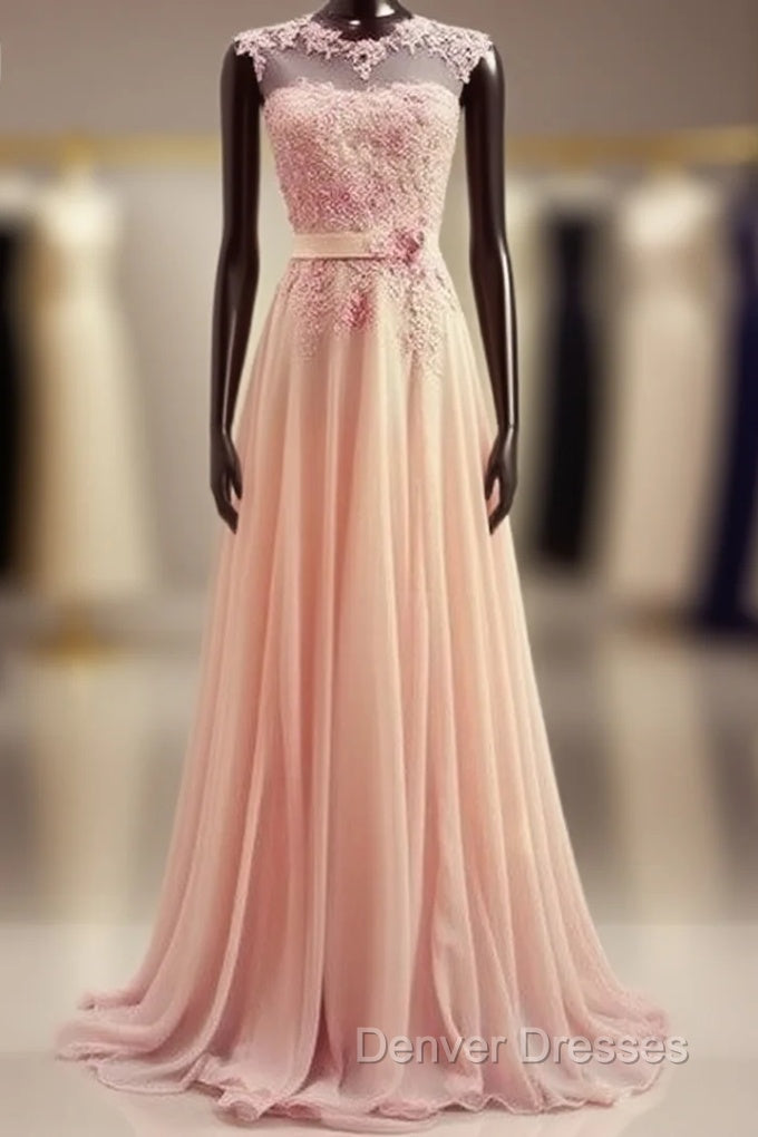 A-Line Round Neck Sweep Train Lace Coral Prom Dress, Formal Dress, Lace Bridesmaid Dress Main image