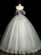 A-Line Round Neck Tulle Gray Blue Long Prom Dress, Tulle Sequin Lace Long Evening Dress