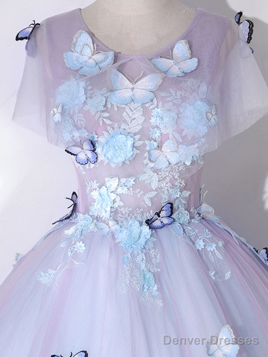 A-Line Round Neck Tulle Lace Purple Long Prom Dress, Purple Formal Dress Secondary image