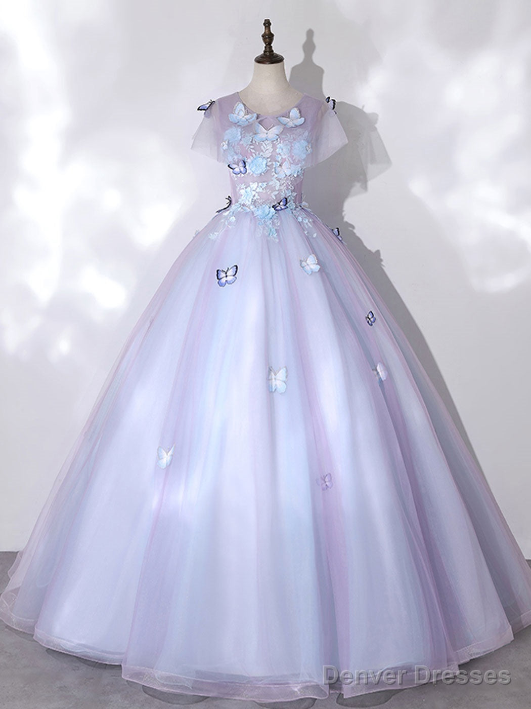 A-Line Round Neck Tulle Lace Purple Long Prom Dress, Purple Formal Dress