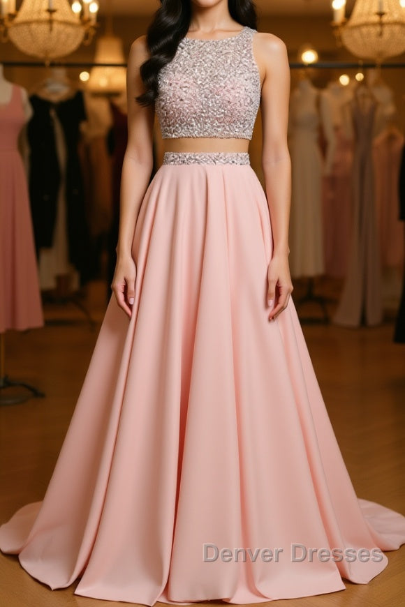 A Line Round Neck Two Pieces Beaded Pink Prom Dress, Two Pieces Pink Formal Dress, Pink Evening Dress Main image
