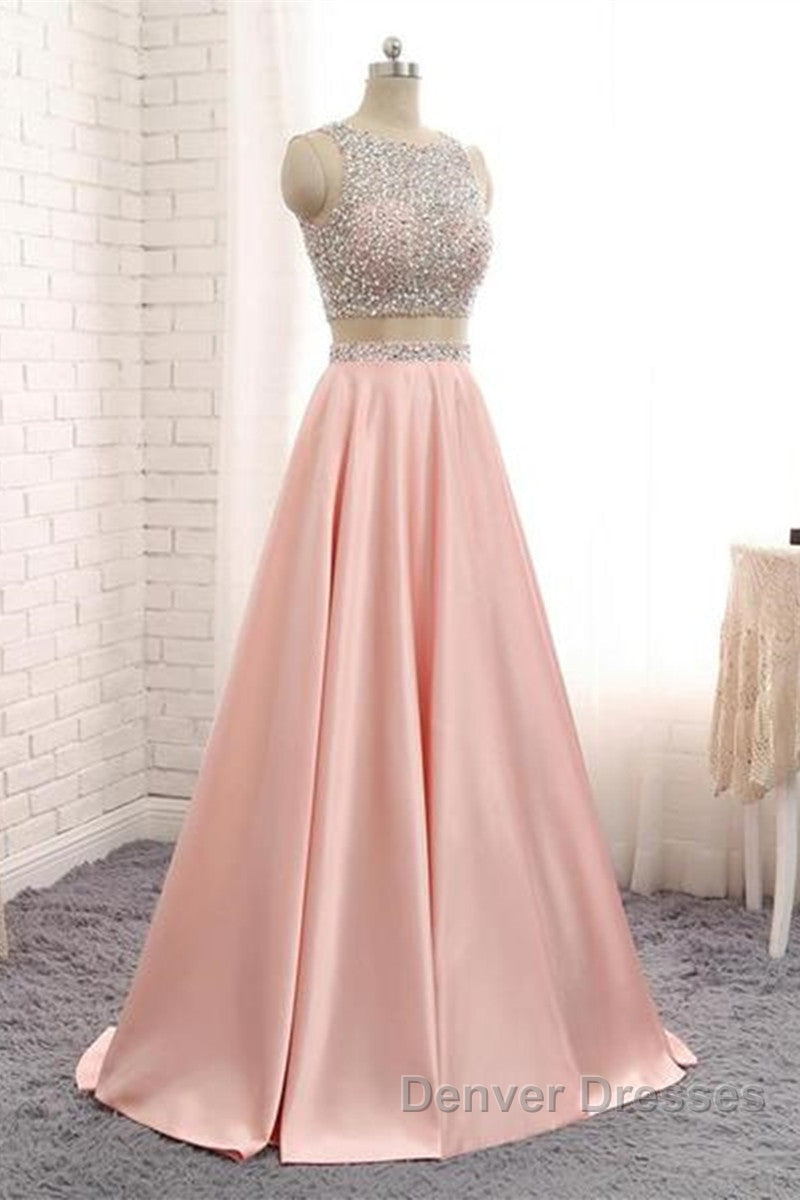 A Line Round Neck Two Pieces Beaded Pink Prom Dress, Two Pieces Pink Formal Dress, Pink Evening Dress