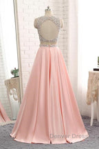 A Line Round Neck Two Pieces Beaded Pink Prom Dress, Two Pieces Pink Formal Dress, Pink Evening Dress