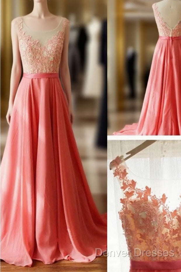 A Line Round Neck V Neck Back Long Coral Lace Prom Dress, Long Lace Formal Dress, Evening Dress, Bridesmaid Dress Main image