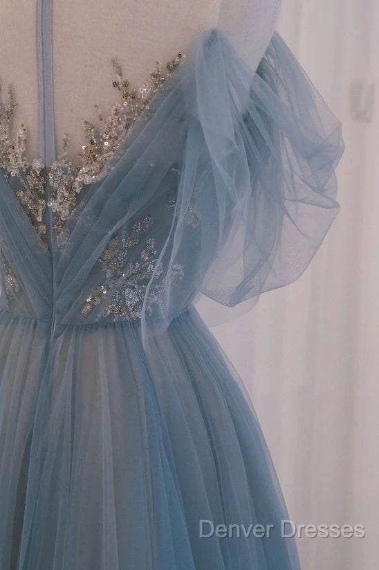 A-Line Round Neckline Blue Tulle With Lace Long Party Dress, Tulle Evening Dress Prom Dress Secondary image