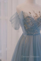 A-Line Round Neckline Blue Tulle With Lace Long Party Dress, Tulle Evening Dress Prom Dress