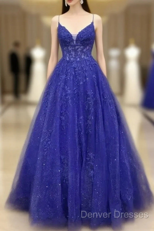 A-Line Royal Blue Formal Gown Long V-Neck Lace Prom Dress Applique Main image