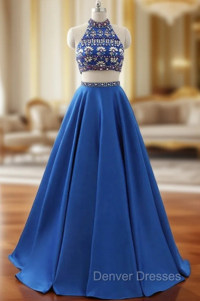 A-Line Royal Blue Satin Two Piece Halter Backless Prom Dress With Crystal Main image