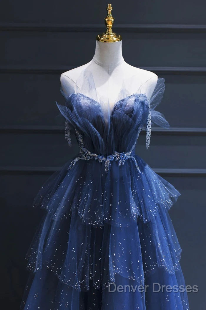 A Line Royal Blue Tulle Beaded Long Senior Prom Dress Secondary image