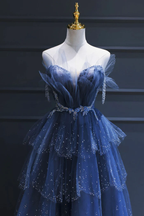 A Line Royal Blue Tulle Beaded Long Senior Prom Dress