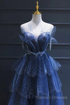 A Line Royal Blue Tulle Beaded Long Senior Prom Dress