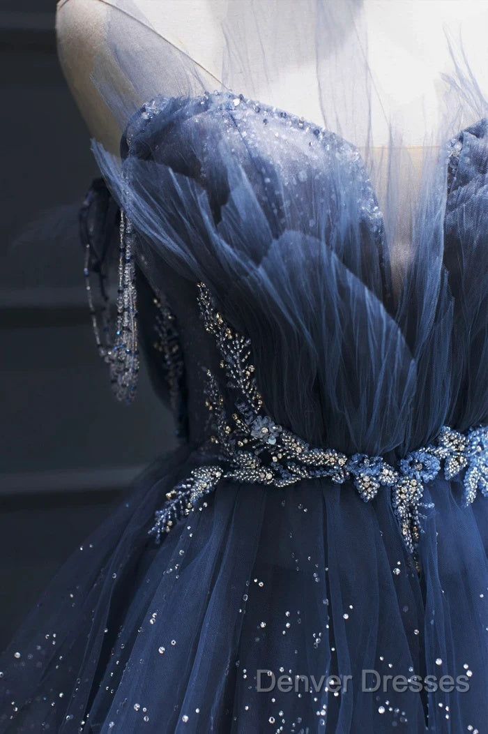A Line Royal Blue Tulle Beaded Long Senior Prom Dress