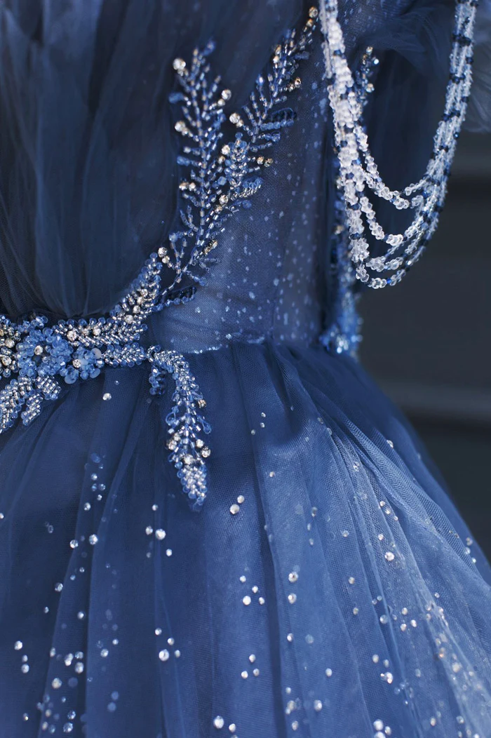 A Line Royal Blue Tulle Beaded Long Senior Prom Dress
