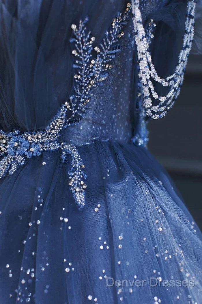 A Line Royal Blue Tulle Beaded Long Senior Prom Dress
