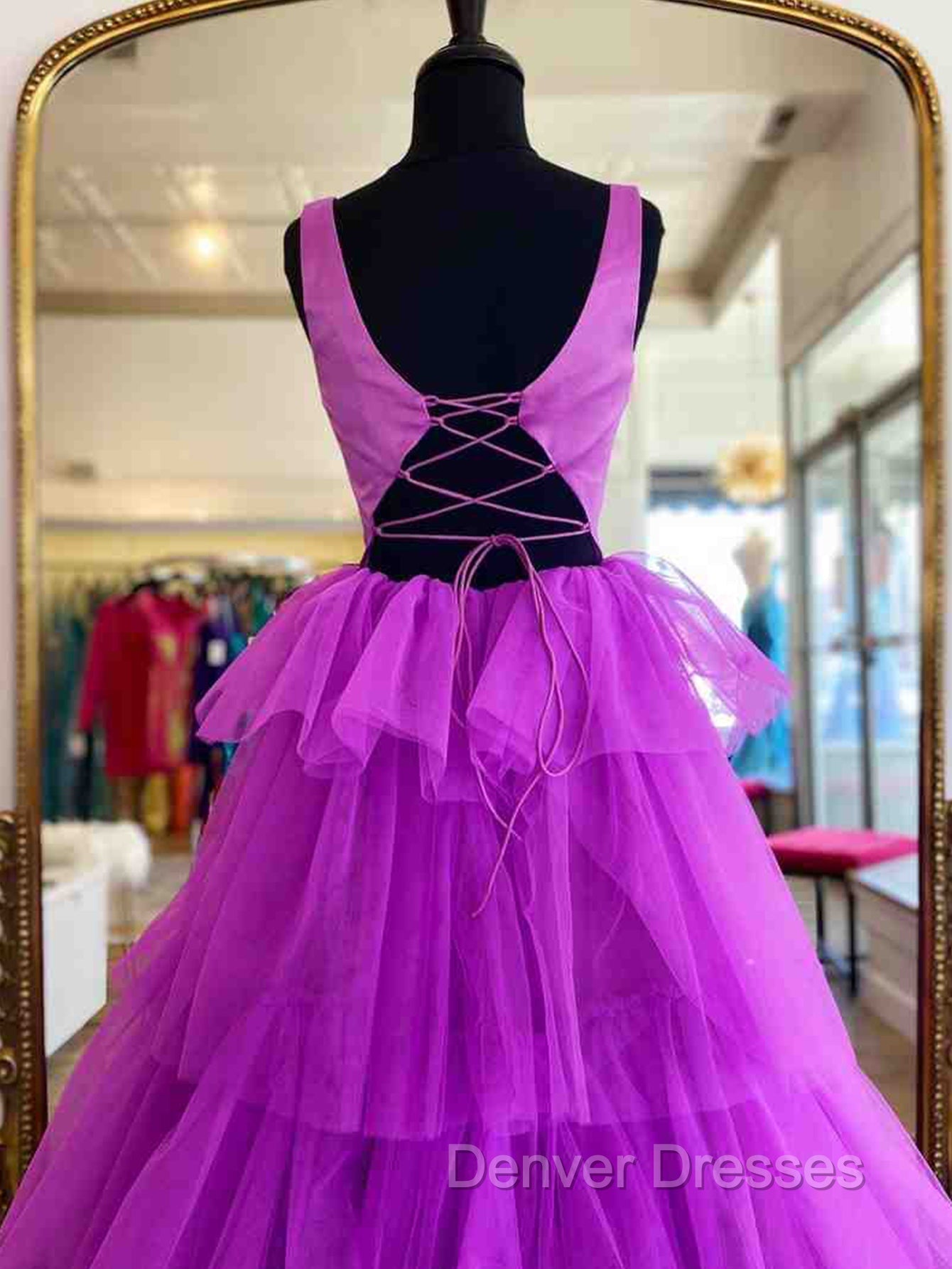 A Line Ruffles Purple Tulle Long Prom Dress Secondary image