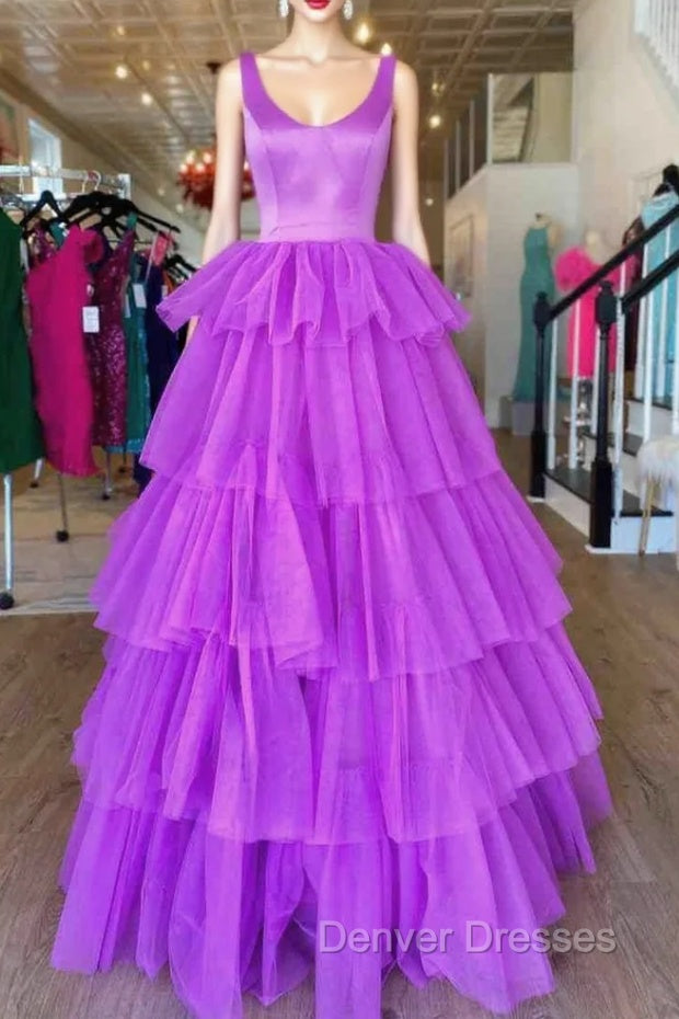 A Line Ruffles Purple Tulle Long Prom Dress