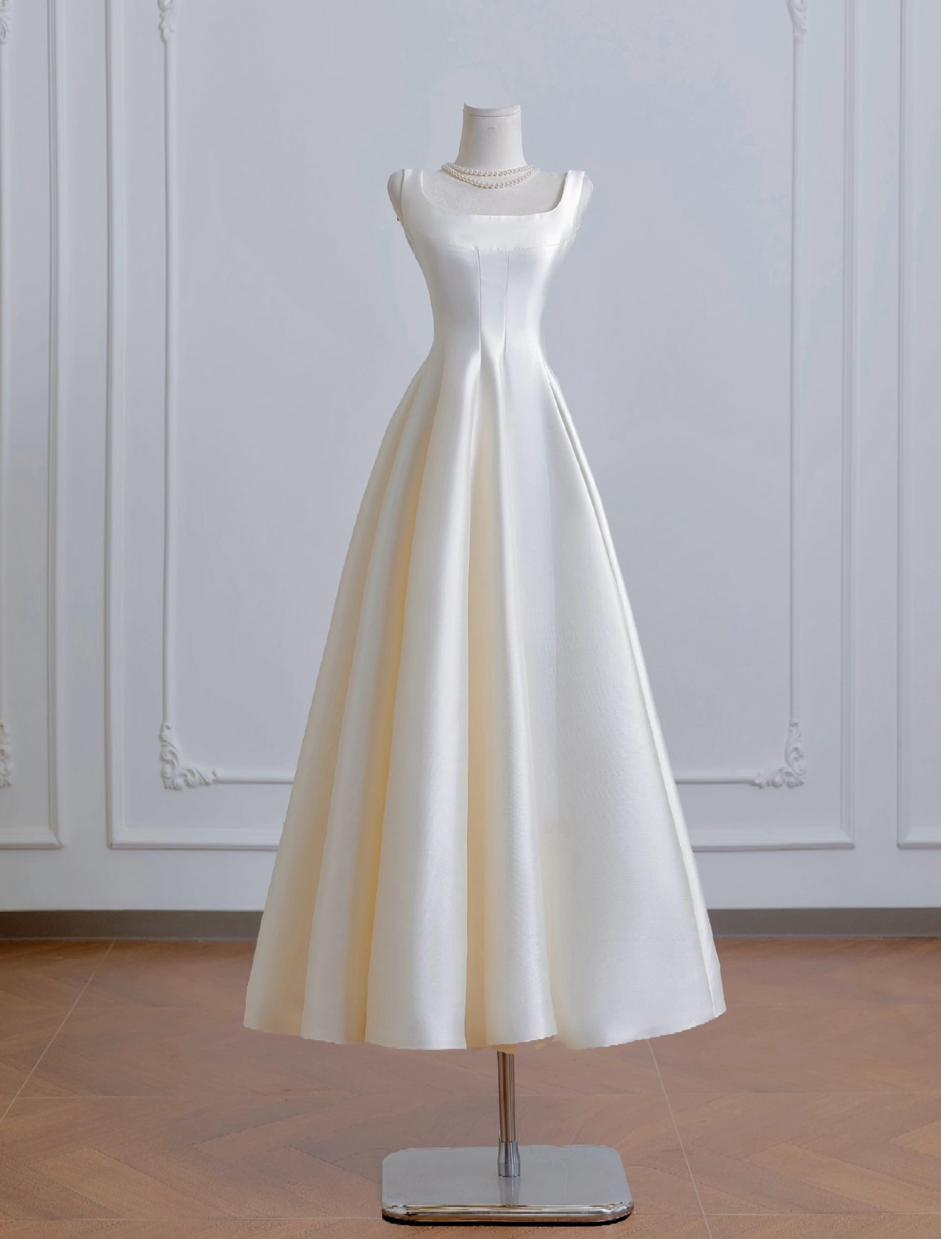 A-Line Satin Beige Long Prom Dress, Beige Long Formal Dress Main image