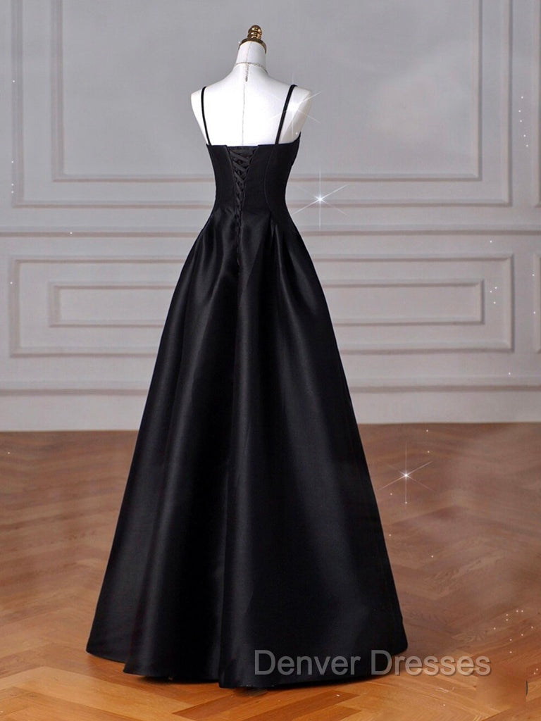 A-Line  Satin Black Long Prom Dress, Black Long Evening Dress Secondary image