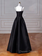 A-Line  Satin Black Long Prom Dress, Black Long Evening Dress