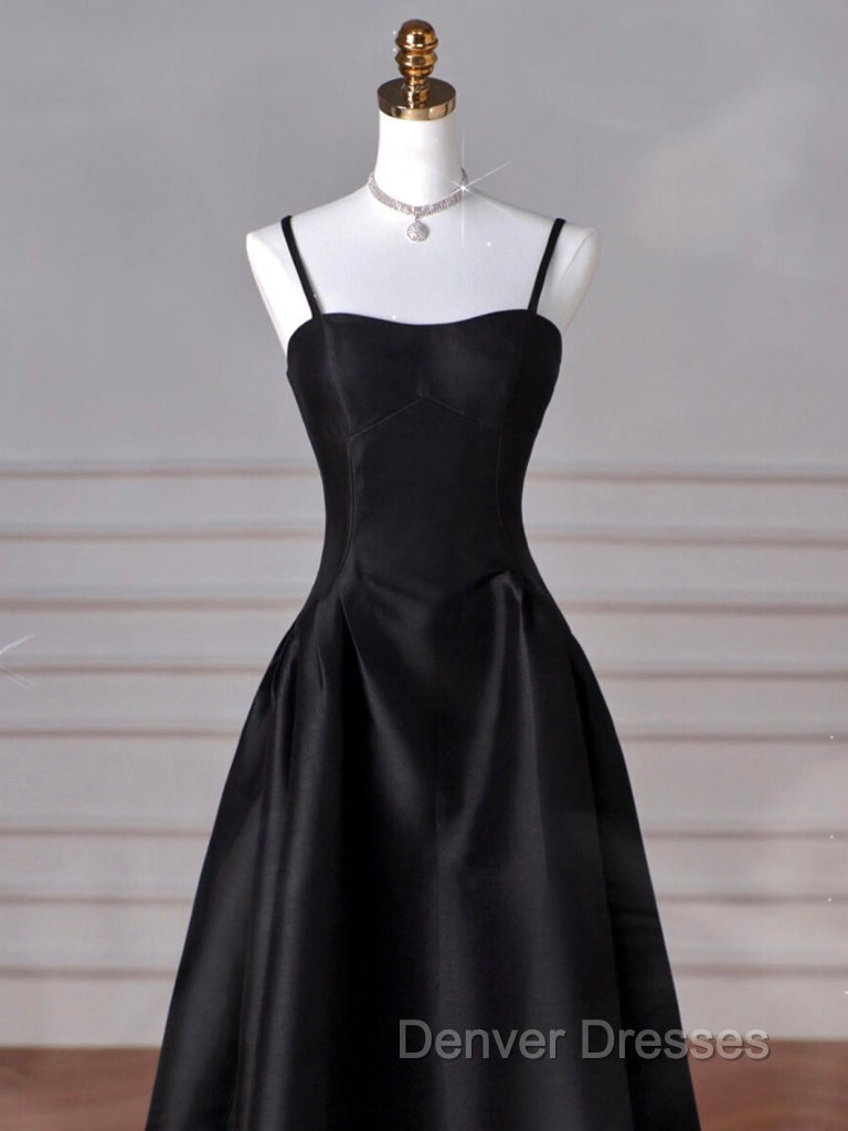 A-Line  Satin Black Long Prom Dress, Black Long Evening Dress