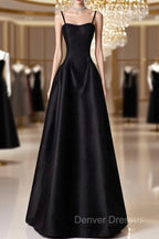 A-Line  Satin Black Long Prom Dress, Black Long Evening Dress