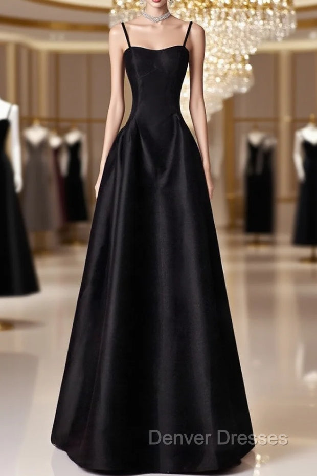 A-Line  Satin Black Long Prom Dress, Black Long Evening Dress
