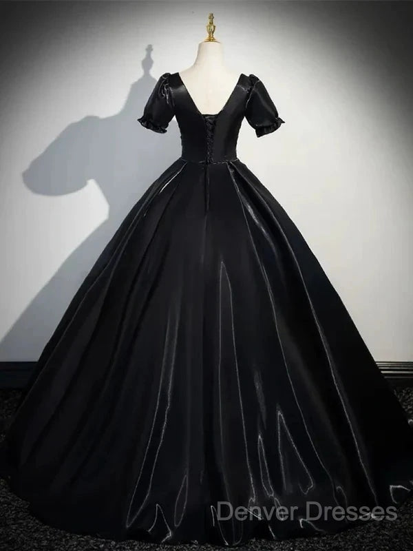 A-Line Satin Black Long Prom Dress Quinceanera Dress Short Sleeves Evening Dress Secondary image