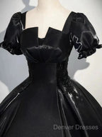 A-Line Satin Black Long Prom Dress Quinceanera Dress Short Sleeves Evening Dress