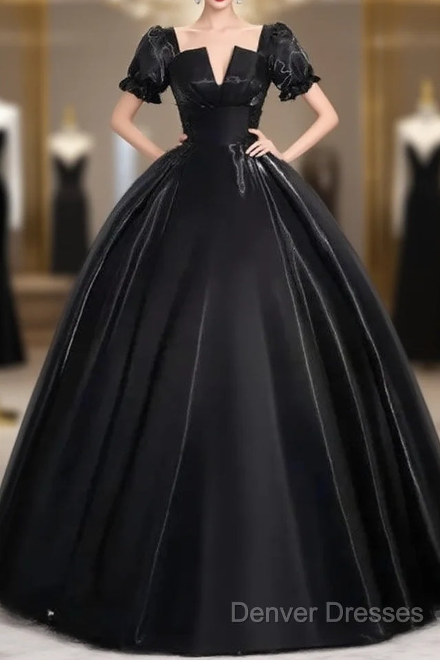 A-Line Satin Black Long Prom Dress Quinceanera Dress Short Sleeves Evening Dress Main image