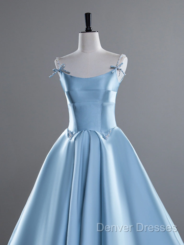 A-Line Satin Blue Long Prom Dress, Blue Long Evening Dress