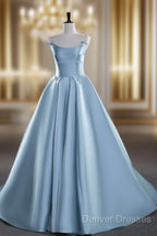 A-Line Satin Blue Long Prom Dress, Blue Long Evening Dress