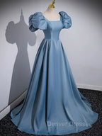 A-Line Satin Blue Long Prom Dress, Blue Long Formal Dress