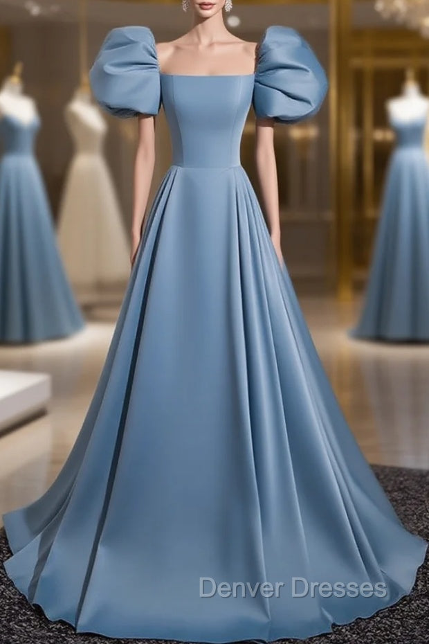 A-Line Satin Blue Long Prom Dress, Blue Long Formal Dress