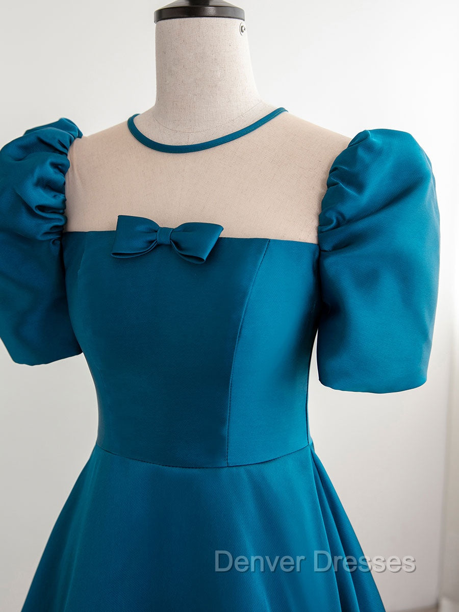 A-Line Satin Blue Long Prom Dress, Blue Long Formal Evening Dress