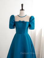 A-Line Satin Blue Long Prom Dress, Blue Long Formal Evening Dress