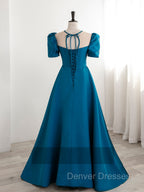 A-Line Satin Blue Long Prom Dress, Blue Long Formal Evening Dress