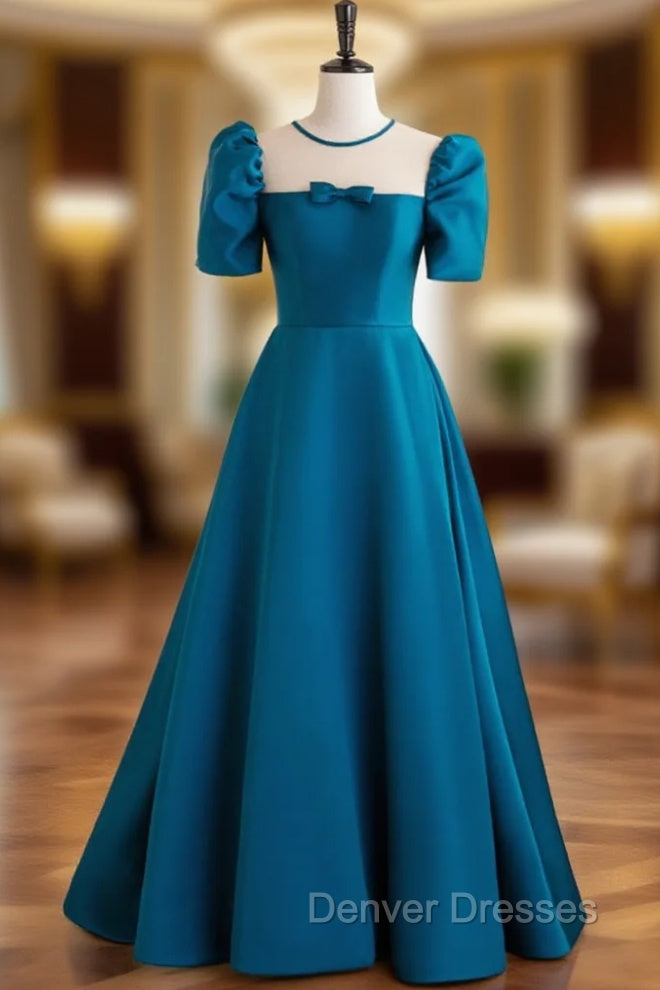 A-Line Satin Blue Long Prom Dress, Blue Long Formal Evening Dress Main image