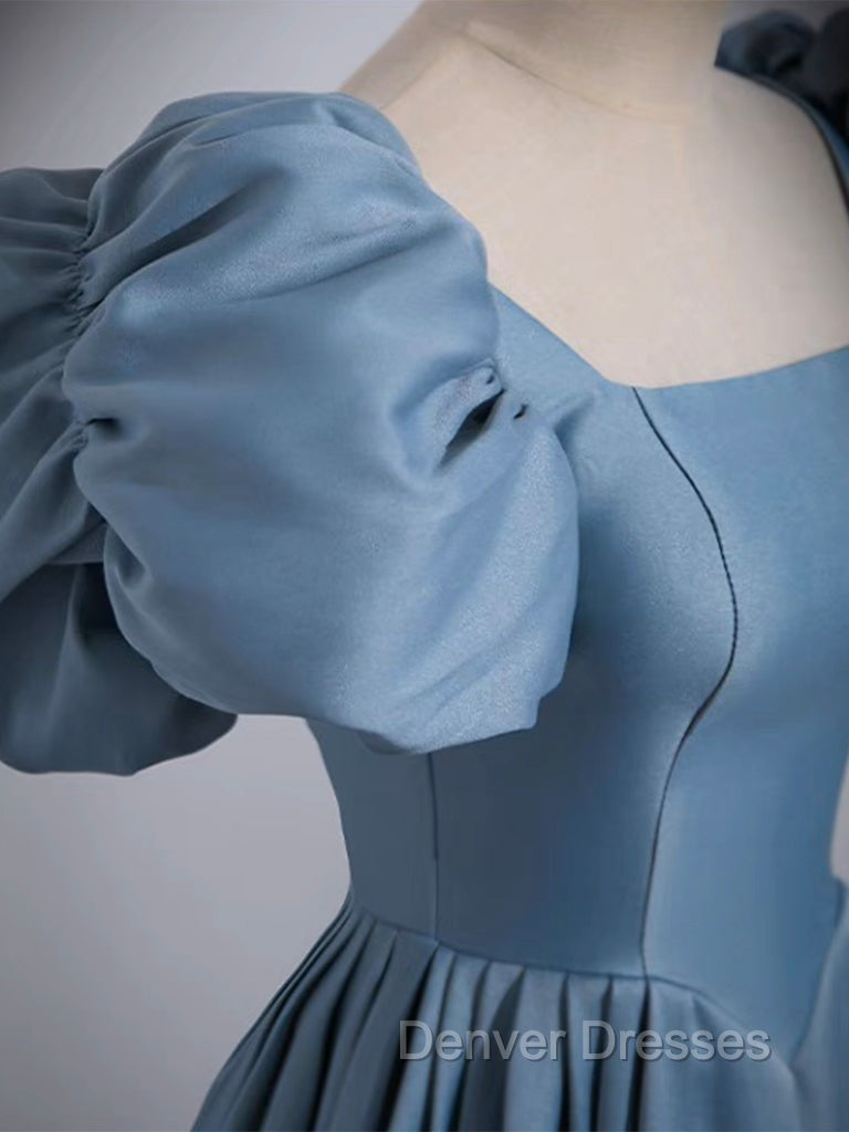 A-Line Satin Blue Long Prom Dress, Blue Satin Long Evening Dress