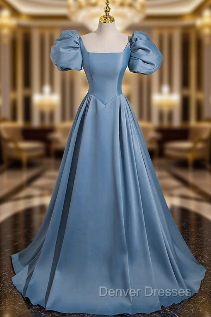 A-Line Satin Blue Long Prom Dress, Blue Satin Long Evening Dress Main image