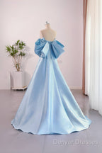 A-Line Satin Blue Long Prom Dress With Bow