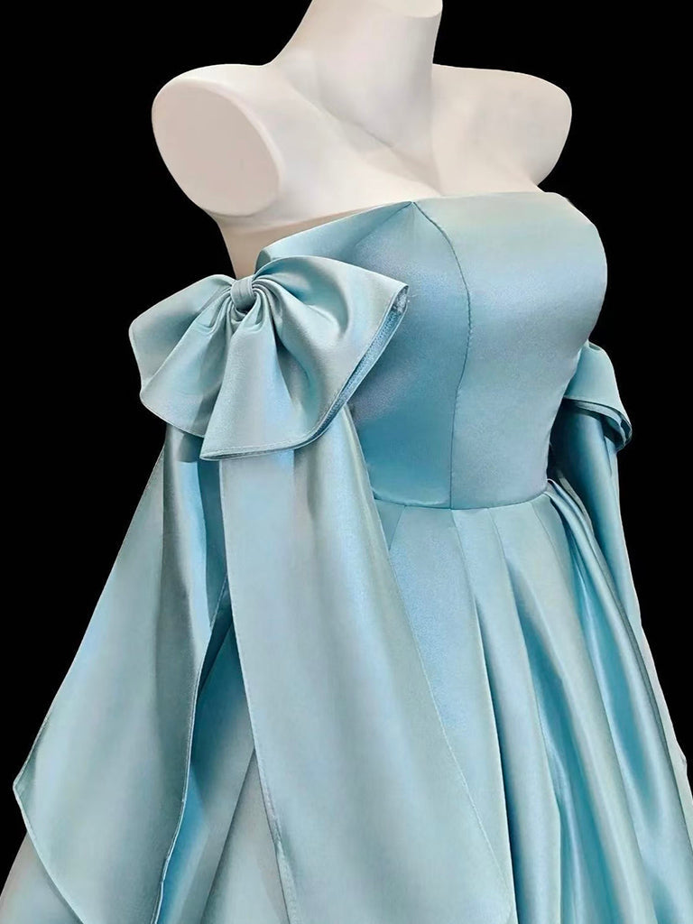 A-Line Satin Blue Short Prom Dress With Bow Tie