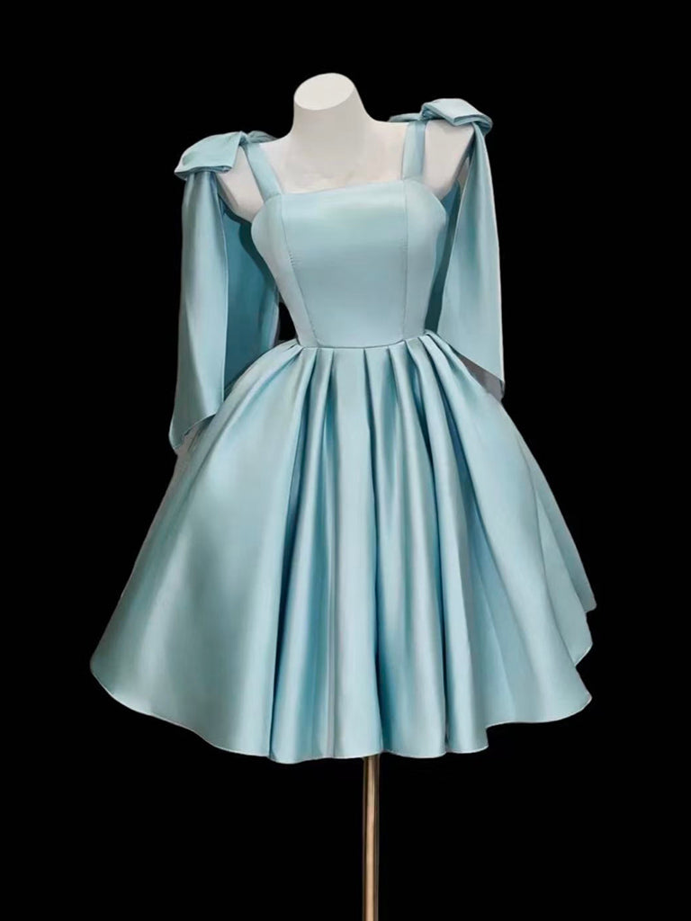 A-Line Satin Blue Short Prom Dress With Bow Tie Main image