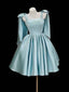 A-Line Satin Blue Short Prom Dress With Bow Tie