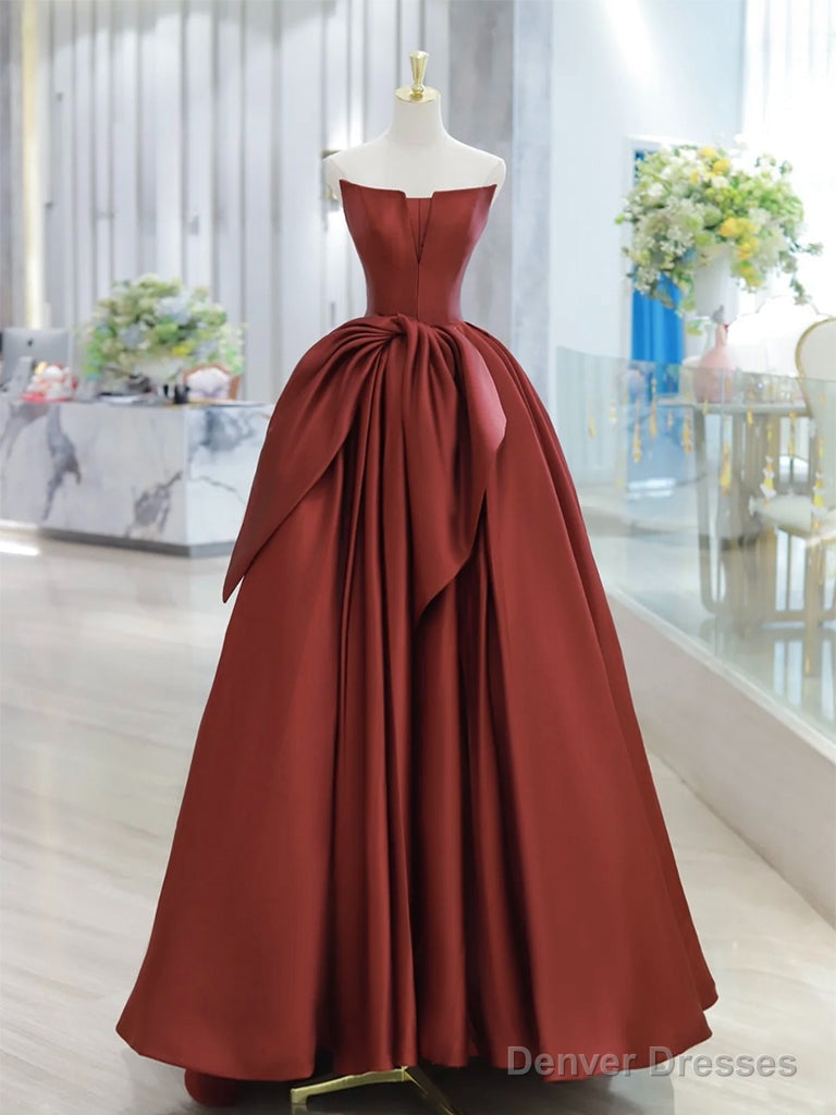 A-Line Satin Burgundy Long Prom Dress, Burgundy Long Evening Dress Main image