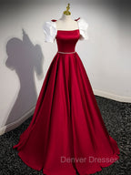 A-Line Satin Burgundy Long Prom Dress, Puffy Sleeve Formal Evening Dress