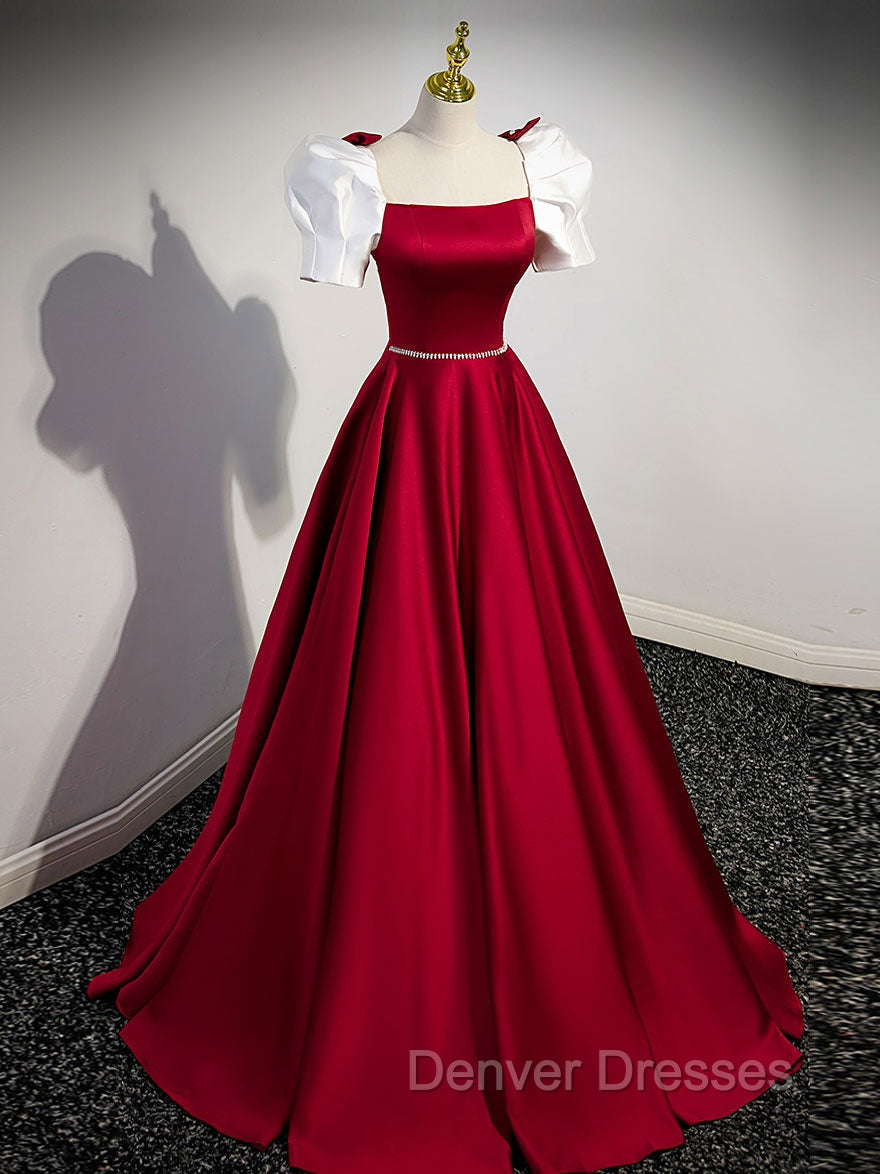 A-Line Satin Burgundy Long Prom Dress, Puffy Sleeve Formal Evening Dress