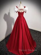 A-Line Satin Burgundy Long Prom Dress, Puffy Sleeve Formal Evening Dress